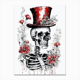 Floral Skeleton With Hat Ink Painting (17) Canvas Print