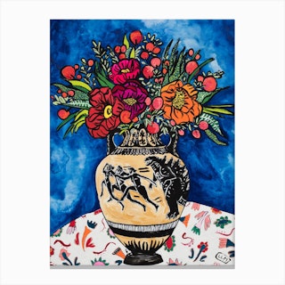 Godzilla Interruption On Grecian Urn With Peony Bouquet Floral Still Life Painting Canvas Print