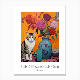 Cats & Flowers Collection Pansy Flower Vase And A Cat, A Painting In The Style Of Matisse 3 Canvas Print