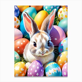 Baby Easter Bunny On A Field With Easter Eggs Canvas Print