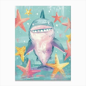 Blue Storybook Style Shark With Starfish 1 Canvas Print