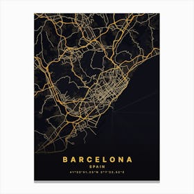 Barcelona Spain Black And Gold Map Canvas Print