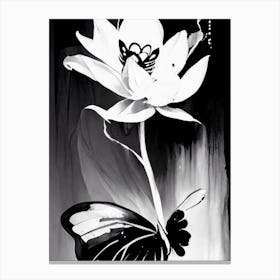 Lotus And Butterfly Symbol Black And White Painting Canvas Print