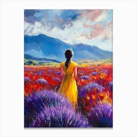 Girl In Yellow Dress In Lavender Field Canvas Print