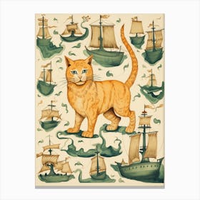 Medieval Style Map Of Cats & Ships Canvas Print