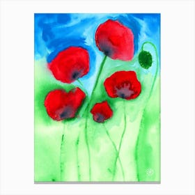 Poppies - flowers floral red green blue Canvas Print