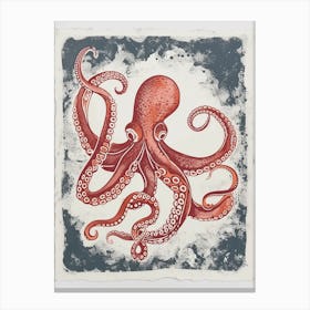 Red Octopus Deep In The Ocean Linocut Style Canvas Print
