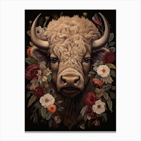 American Bison With Rustic Flowers 0 Canvas Print