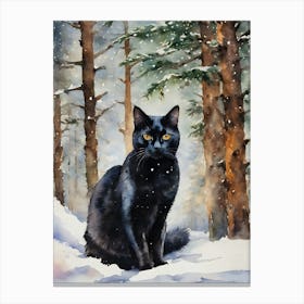 Black Cat In A Winter Forest - Snow Christmas Yule Scene Snowy Fir Trees - Witchy Witches Cats Lady Lovers Matisse Klimt Inspired Traditional Watercolor Home Room Art Wall Decor - Black Cat Travels Series by Lyra the Lavender Witch Canvas Print