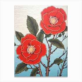 Higanatsu Red Camellia Vintage Botanical Woodblock Canvas Print