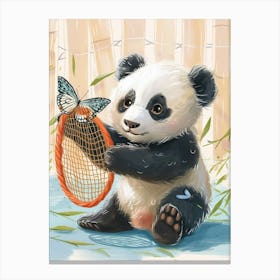 Giant Panda Cub Playing With A Butterfly Net Storybook Illustration 4 Canvas Print