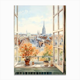 Window View Of Brussels Belgium In Autumn Fall, Watercolour 2 Canvas Print