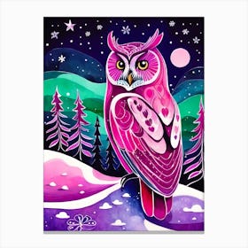 Pink Owl Snowy Landscape Painting (177) Canvas Print
