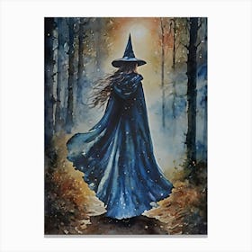 Midnight Witch at Dusk on a Full Moon - Watercolor Witchy Art for Witchcraft Feature Wall - Wicca Pagan Fairytale Goth Dark Aesthetic Lunar Goddess Magick Walking Through the Woods at Night HD Canvas Print