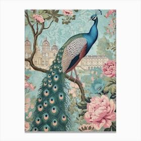 Vintage Floral Peacock With Palace In The Background 2 Canvas Print
