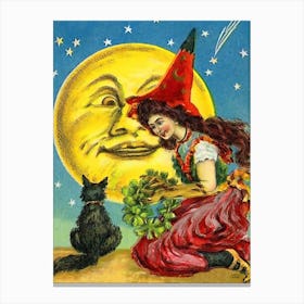 Young Witch With Her Cat And A Big Yellow Moon Canvas Print