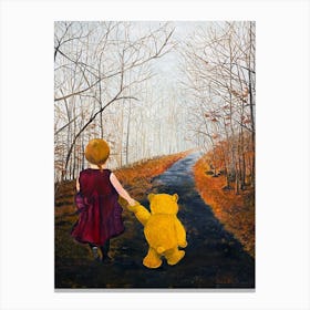 My Bff Girl Walking With Her Teddy Bear Canvas Print