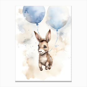 Baby Donkey Flying With Ballons, Watercolour Nursery Art 1 Canvas Print