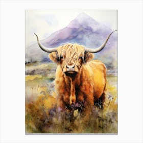 Curious Highland Cow In Field With Rolling Hills Watercolour 2 Canvas Print