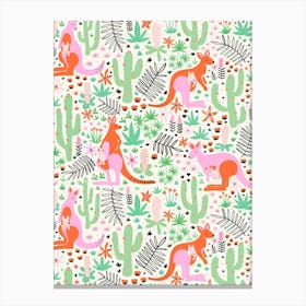 Kangaroos in a Cactus Jungle Red, Pink, White, Green Kids Canvas Print