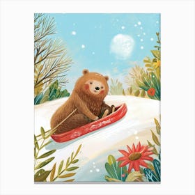 Sloth Bear Cub Sledding Down A Snowy Hill Storybook Illustration 1 Canvas Print