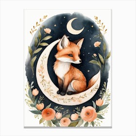 Floral Cute Fox Watercolor Moon Paining (28) Canvas Print