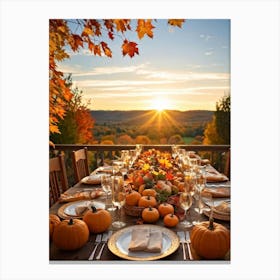 An Autumnal Thanksgiving Dinner Setting Where The Wooden Table Basks Under Golden Afternoon Sun A (5) Canvas Print