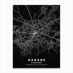 Harare Zimbabwe Black Map Canvas Print