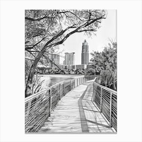 Lady Bird Lake And The Boardwalk Austin Texas Black And White Drawing 3 Canvas Print