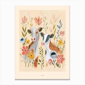 Folksy Floral Animal Drawing Cow 4 Poster Canvas Print