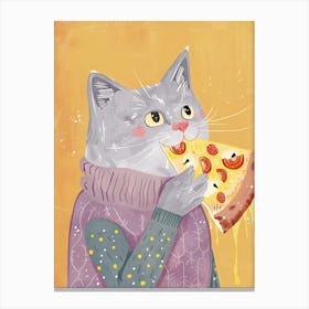 Grey Cat Eating A Pizza Slice Folk Illustration 4 Canvas Print
