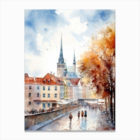 Tallinn Estonia In Autumn Fall, Watercolour 3 Canvas Print