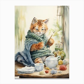 Tiger Illustration Knitting Watercolour 1 Canvas Print