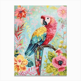 Colorful Bright Parrot Sitting On A Branch Among Flowers Canvas Print