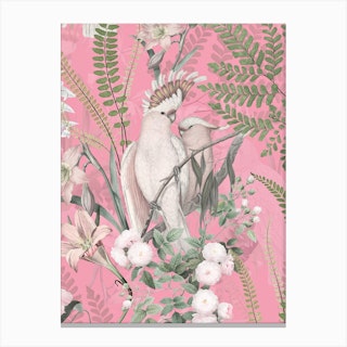 Tropical Birds With Roses And Leaves Canvas Print