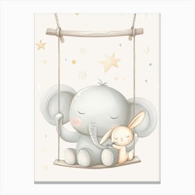 Baby Elephant And Bunny On Swing Kids and Nursery Canvas Print