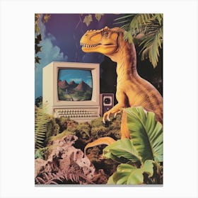 Dinosaur At A Computer Retro Collage 4 Canvas Print