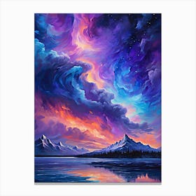 Abstract Colorful Aurora Sky over Mountains and Water Canvas Print