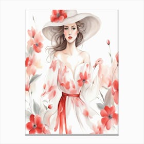 Beautiful Woman In White Dress With Red Flowers Canvas Print