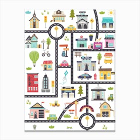 Vertical kids map with roads, cars, buildings Canvas Print