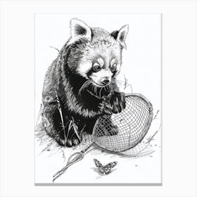Red Panda Cub Playing With A Butterfly Net Ink Illustration 4 Canvas Print