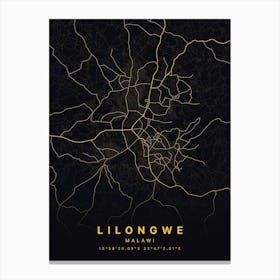 Lilongwe Malawi Black And Gold Map Canvas Print