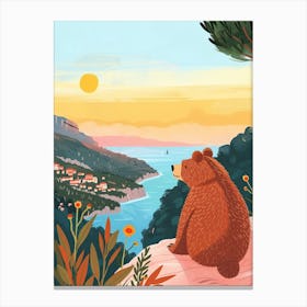 Brown Bear Looking At A Sunset From A Mountaintop Storybook Illustration 2 Canvas Print