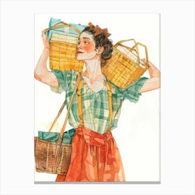 Illustration Of A Woman Carrying Baskets Canvas Print
