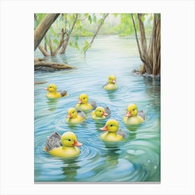 Ducklings Swimming In The River Pencil Illustration 3 Canvas Print