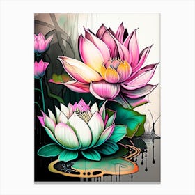 Lotus Flowers In Garden Graffiti 2 Canvas Print