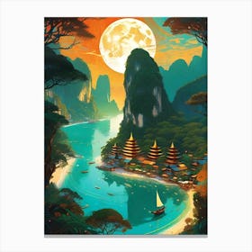 Moon Over Thailand Coastline ~ Futuristic Tropical Sci-Fi Trippy Surrealism Modern Digital Mandala Awakening Fractals Spiritual Artwork Psychedelic Colorful Cubic Abstract Universe Canvas Print