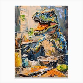 Dinosaur Cooking In The Kitchen Blue Brushstrokes 4 Canvas Print