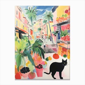 Food Market With Cats In Monaco 3 Watercolour Canvas Print