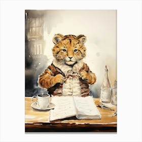 Tiger Illustration Doing Calligraphy Watercolour 1 Canvas Print
